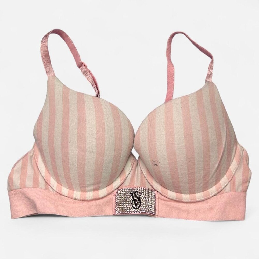 Victoria's Secret pink and white stripped rhinestone logo push up bra
